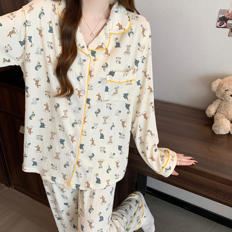Fusheng (Real shot) Wrinkled Booker high-quality Spring and autumn cartoon cardigan women's pajamas casual set home wear Application Scenario