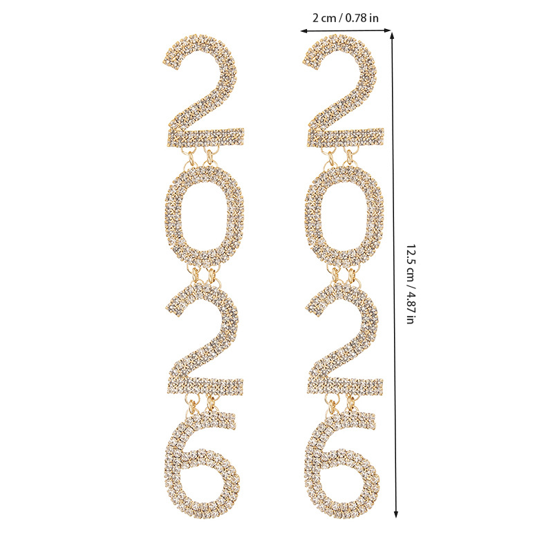 New cross-border New Year earrings with the number 2026 from Europe and America, exaggerated water diamonds, shiny earrings, AB full diamonds, New Year's Eve atmosphere, diamond-encrusted earrings Specification image