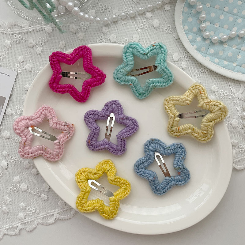 韩版新款针织五角星毛线掰掰夹甜美儿童发夹手工缠绕侧边夹发饰女