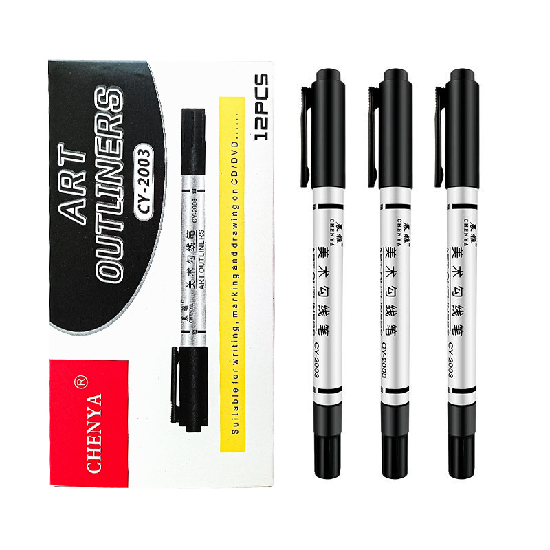 Small double-headed marker pen, black art outlining pen, two-end sketch oil painting outlining, thick and thin tip oil-based outlining pen Item Picture