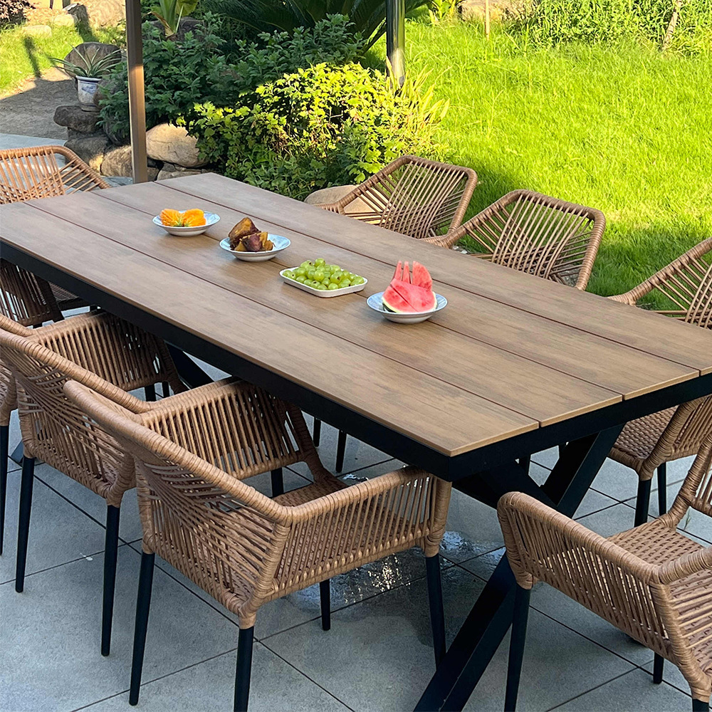 Outdoor tables and chairs, aluminum art leisure combination, indoor and outdoor wood-plastic tables, courtyard open-air platforms, garden villas, homestay leisure chairs Specification image