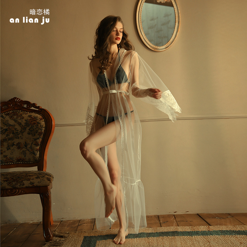 Secret Love Orange High-end European and American seductive pajamas, sexy underwear, extended lace bathrobe, transparent and interesting home wear 322 Specification image