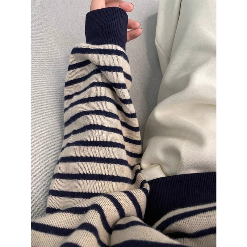 复古条纹长袖大码卫衣女秋冬新款韩版宽松慵懒风外套加厚百搭上衣细节图