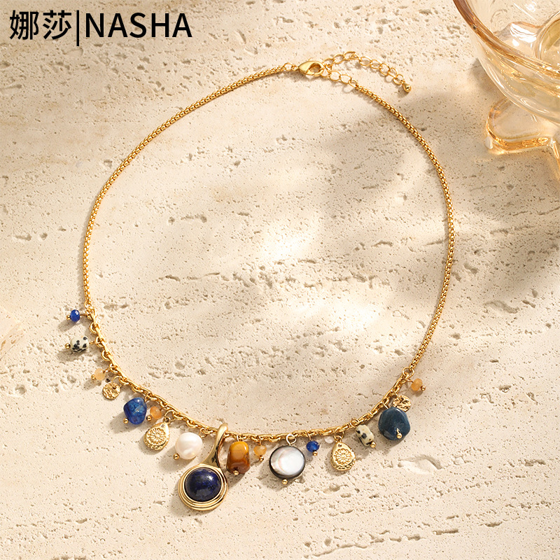 Nasha Cross-border Exclusive lapis lazuli Mother-of-Pearl freshwater Pearl Necklace, sweet and cool, spicy girl style, non-fading necklace, perfect for women