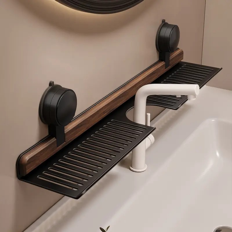 Walnut wood suction cup faucet storage rack, bathroom non-drilling wall-mounted bathroom washbasin and washbasin storage rack
