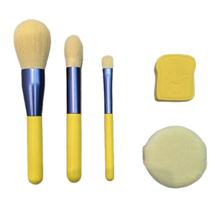 Three-piece yellow handle, blue metal connection makeup brush set, contour brush, detail brush, makeup tool Item Picture