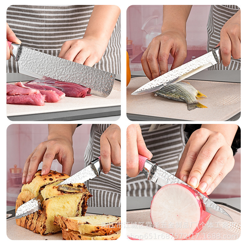 Customized kitchen knife set, six-piece set, suction card stainless steel hammer-patterned horseshoe-handled kitchen knife, chef's knife, and melon shaver set Specification image