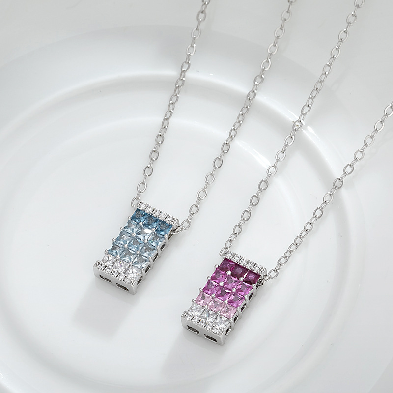 柏伶饰品新款彩色锆石项链女百搭高碳钻吊坠冰花切锁骨链方糖配饰产品图