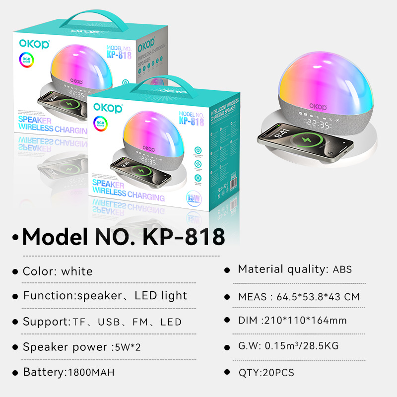 818 Desktop Bluetooth speaker, 15w wireless charging, alarm clock, clock timer, RGB ambient light, white noise, cross-border bestseller details Picture