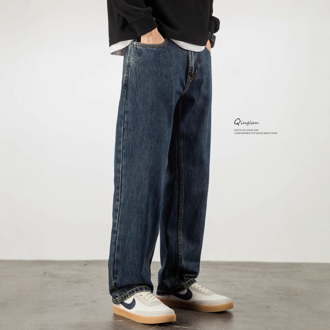 Natural-color washed jeans for men, straight-leg loose American retro, fleece and thickened pants, trendy casual spring and autumn style Application Scenario