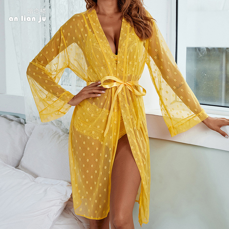 Cross-border foreign trade independent station Sexy mesh see-through pajamas four-piece set Long outer robe bra underwear set 9076 Specification image