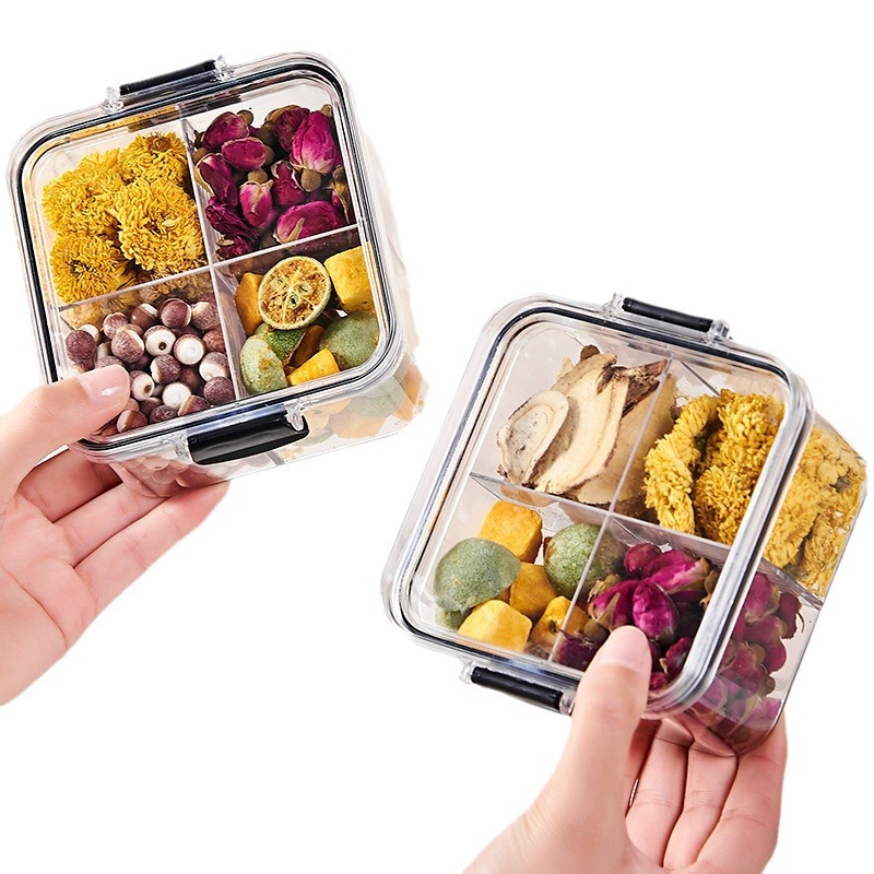 Compartment-sealed jar flower tea storage box, food-grade grain storage jar, dry goods square transparent storage jar with lid Item Picture