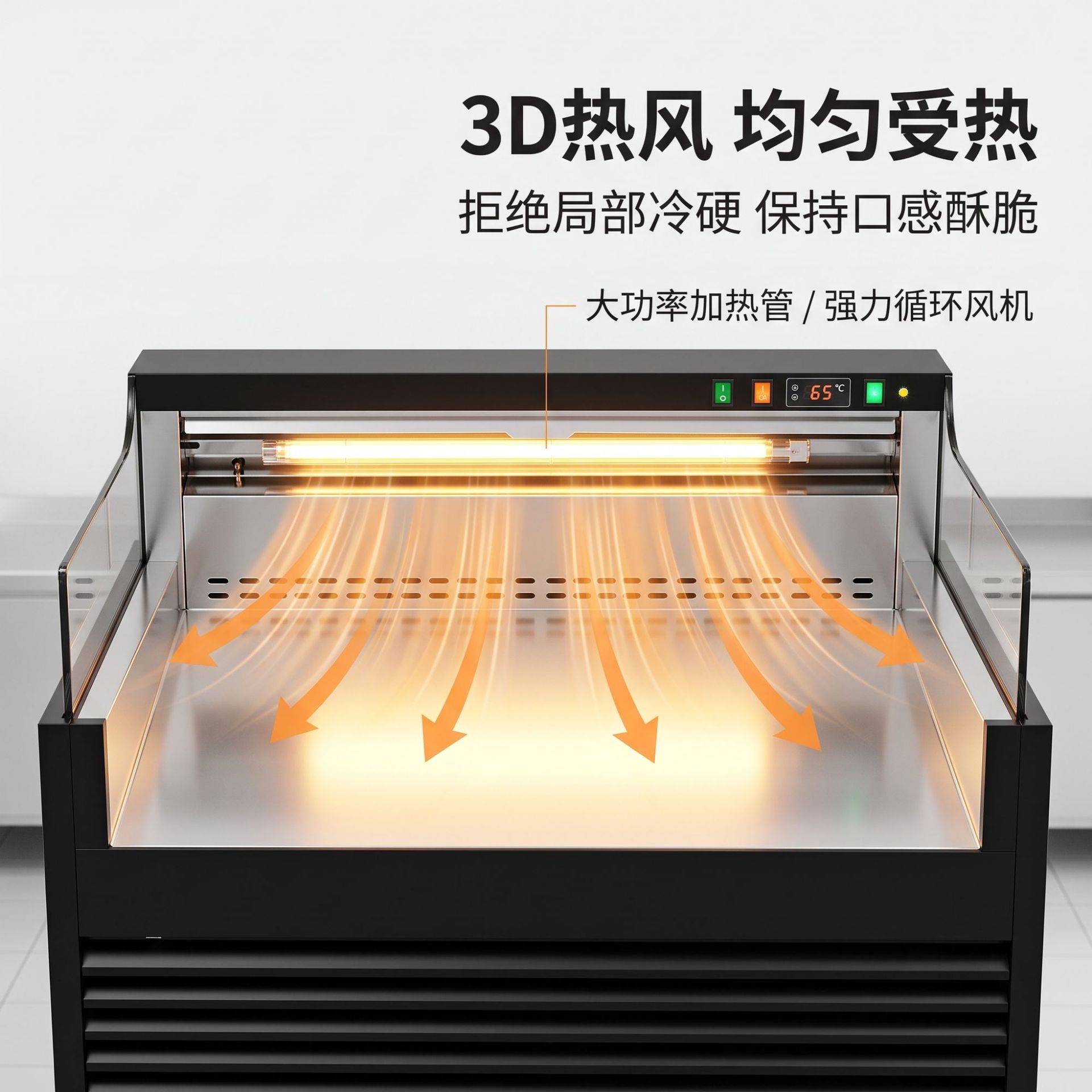 Commercial vertical open hot air circulation insulation cabinet with digital display temperature control for cooked food, fried chicken and hamburger display cabinet details Picture