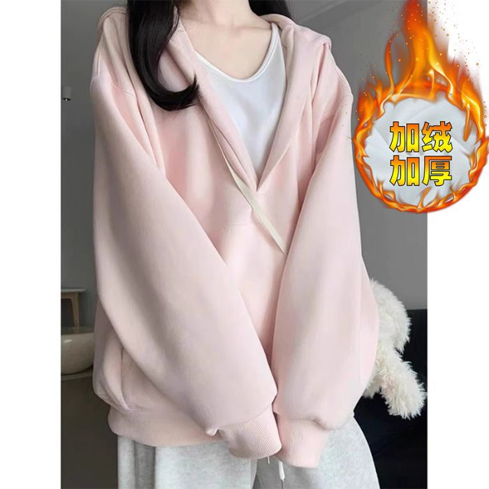 粉色连帽半开大V领加绒卫衣女春秋冬新大版休闲百搭显瘦外套上衣