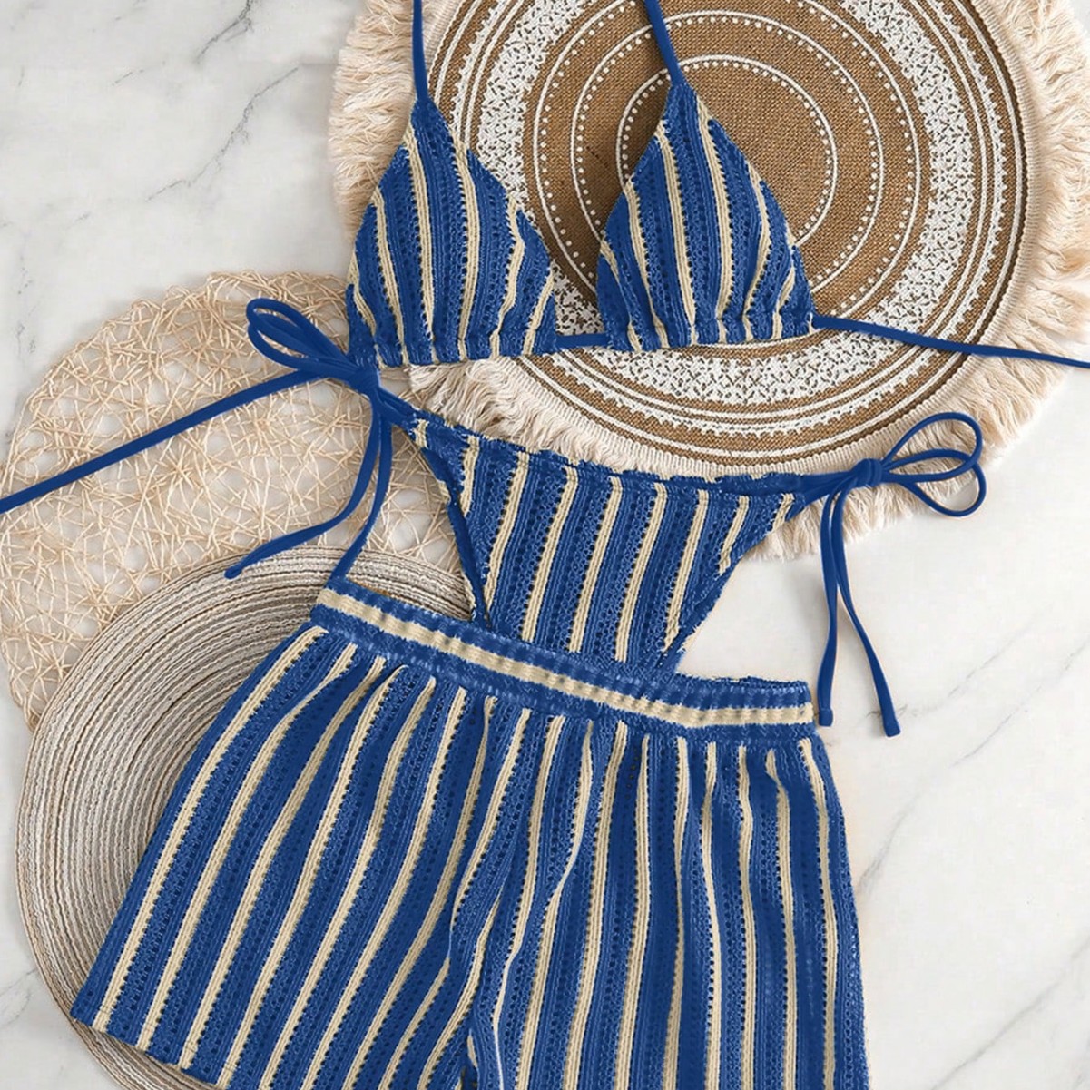 Cross-border knitted mesh striped two-piece flat-angle pants swimsuit feminine woven Bohemian bikini three-piece set Specification drawing