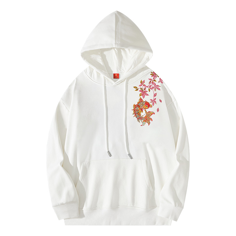 A heavyweight koi fish embroidered hooded sweatshirt for men, a Chinese-style long-sleeved, retro and loose casual top that adds the finishing touch Item Picture