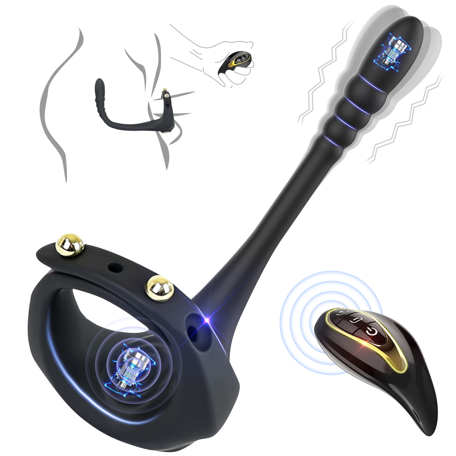 外贸爆款纯硅胶震动锁精环男用无线遥控按摩后肛塞成人情趣用品