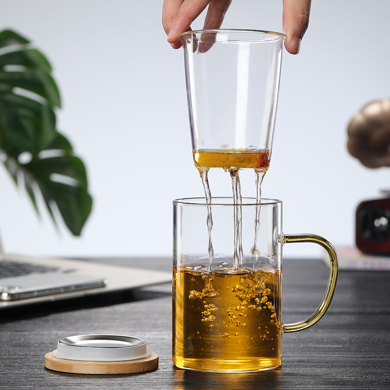 High borosilicate glass water cup, mountain viewing cup, tea water separation cup, tea brewing cup, filter three-piece cup, bamboo and wood lid cup, tea water cup Specification image