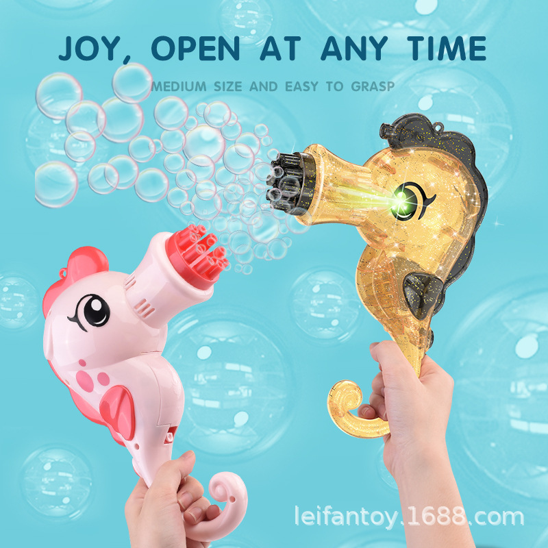 New 9-hole bubble machine, 13-hole seahorse transparent projection with light bubble gun, children's electric bubble machine toy details Picture