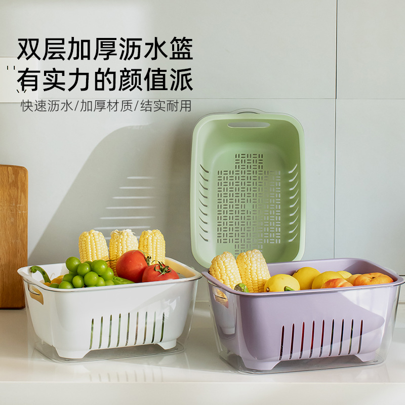 工厂果蔬沥水篮新款双层透明大容量可防尘厨房家用客厅洗水果蔬菜
