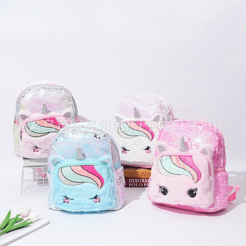 Cross-border supply of sequined unicorn children's backpacks, plush embroidered cartoon schoolbags, large-capacity bags, fresh and sweet