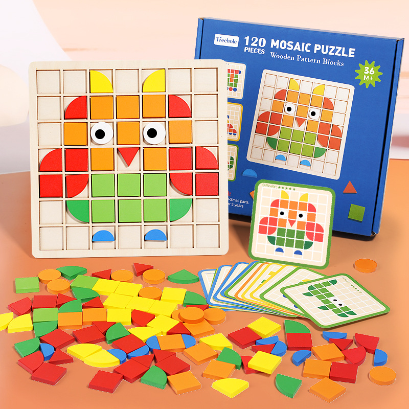 Mosaic 3d stereoscopic puzzle, kindergarten tabletop game, children's wooden early education beneficial intelligence building block toys wholesale