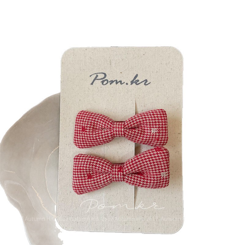New Korean-style red bow hair clips, children's fabric handcrafted side fringed bangs clips, sweet edge clips for girls, Pom.kr wine red bow hair clips, check polka dot multiple styles, sweet daily life for girls in autumn and winter Item Picture