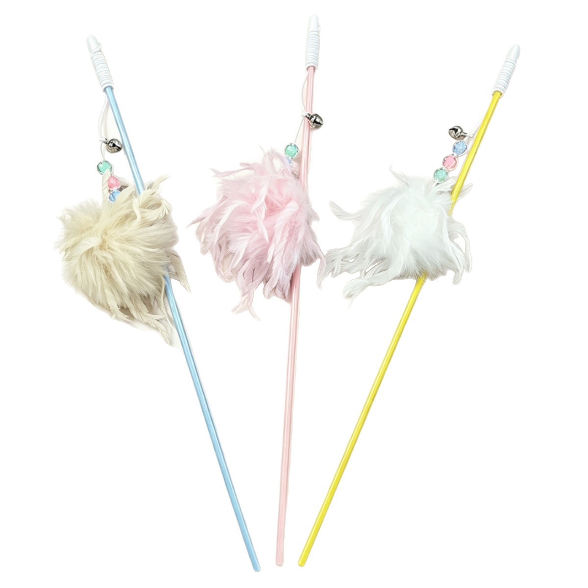 Macaron pluma peludo bola de pelo taquilla cat stick con campanas rico flexible palo fino gato juguete interactivo para relajar mascotas con Item Picture