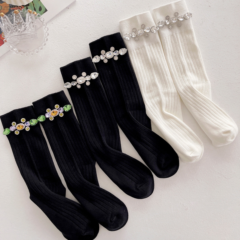 Hand-sewn water diamond socks, heavy industry spring and autumn mid-calf socks, pure cotton socks, women's Instagram trendy and versatile calf long socks, versatile style Application Scenario