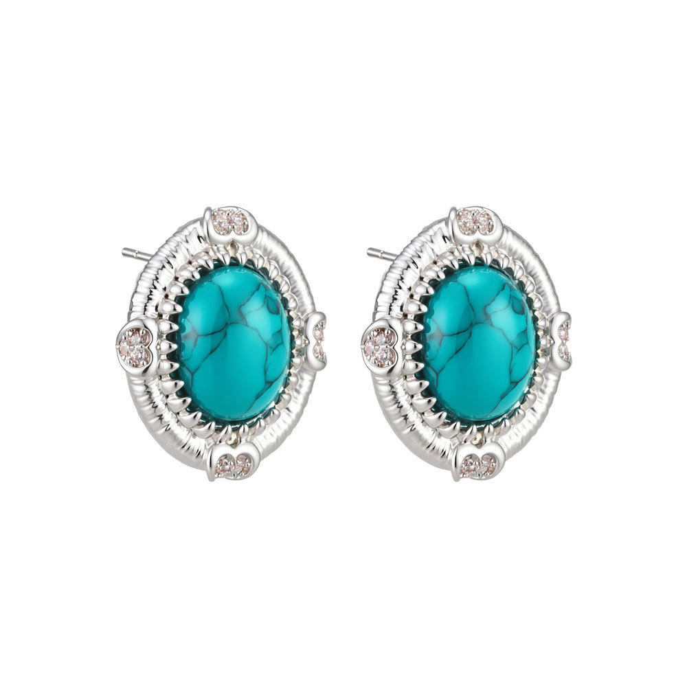 Retro and high-end blue turquoise oval stud earrings, copper alloy micro-inlaid zircon s925 silver needle ethnic style versatile earrings Item Picture