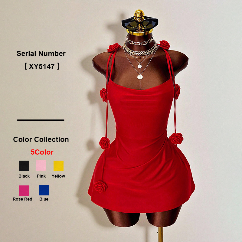 Spring/Summer 2026 Cross-border foreign trade women's knitted dress, backless evening dress, European and American three-dimensional flower halter dress