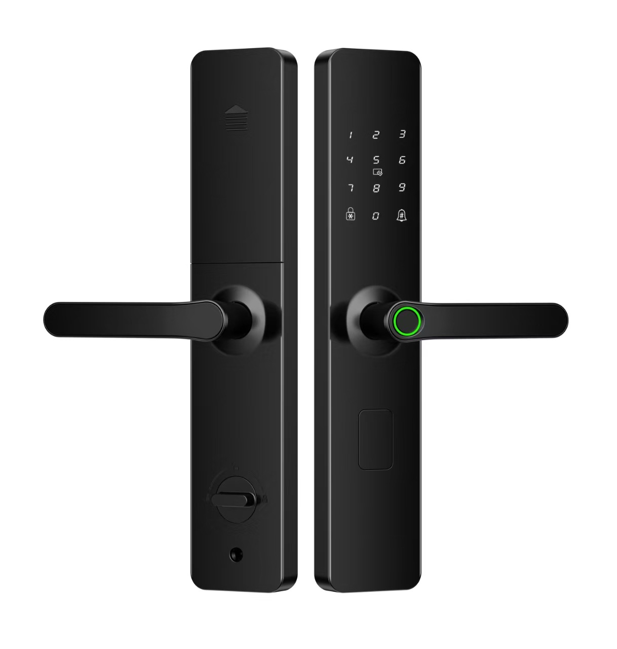 The black smart door lock is equipped with a digital keyboard, fingerprint recognition and a green circular indicator light handle Item Picture