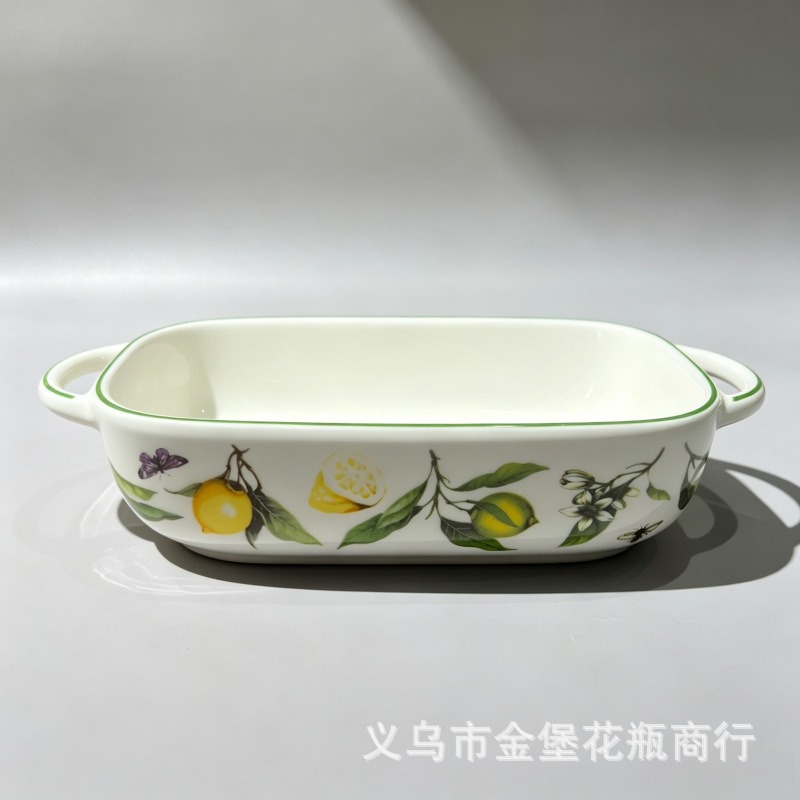 Americano limón green leaf ceramica vajilla set vintage floral plato plato sopa tazas hornear plato de hornear hogar details Picture