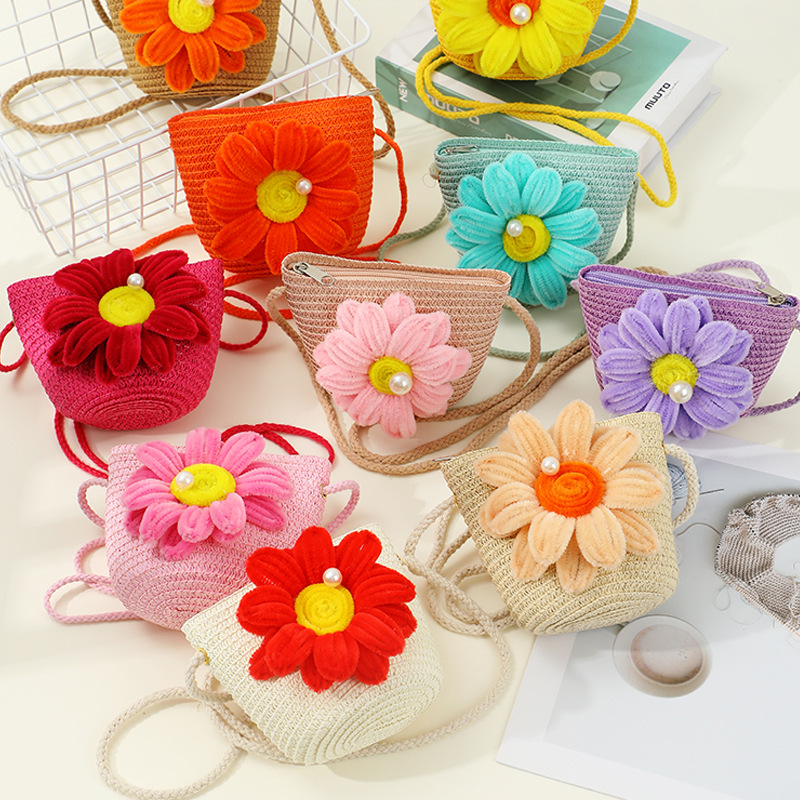 Verano playa playa bolso de paja tejido mujer crossbody 2025 nuevo idílico flor niños bolso de paja cute Specification image