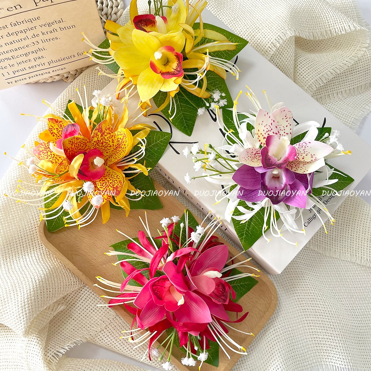 Cross-border bestsellers: orchid hair clips, Hawaiian faux fabric flower hair clips, headwear, beach vacation photo hair accessories Specification drawing