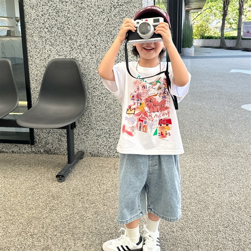 Niño hai ma home chung fan manga corta camiseta de algodón verano 2026 nuevos niños korean versión graffiti ropa niños chung Specification image