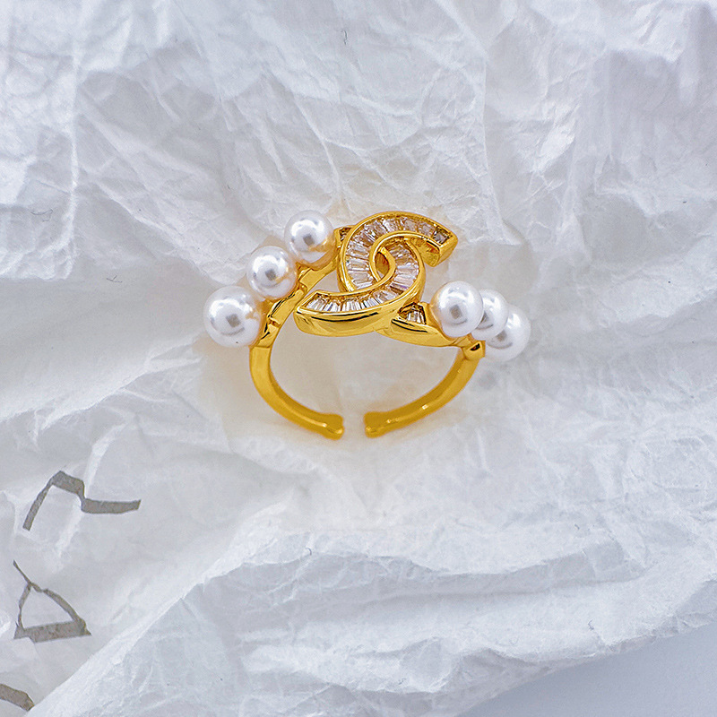 柏伶饰品 新款简约锆石戒指双C镶钻开口戒个性高级感珍珠活口戒指