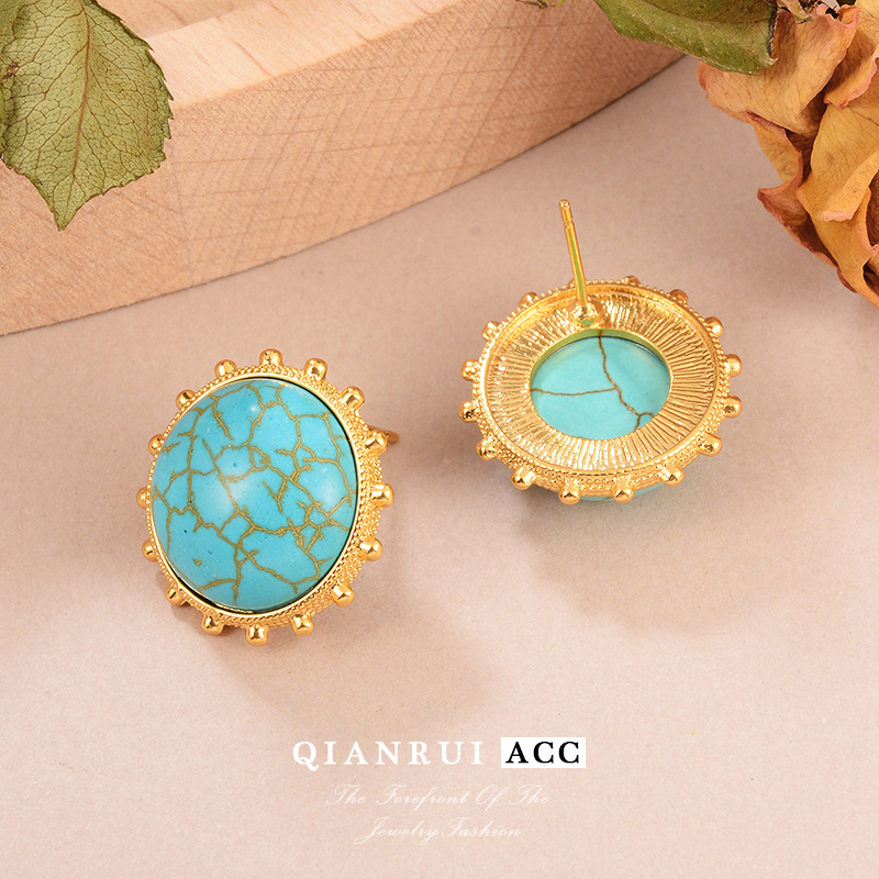 New sun round light luxury stud bead chain set, turquoise earrings, European and American fashionable retro geometric green earrings Specification image