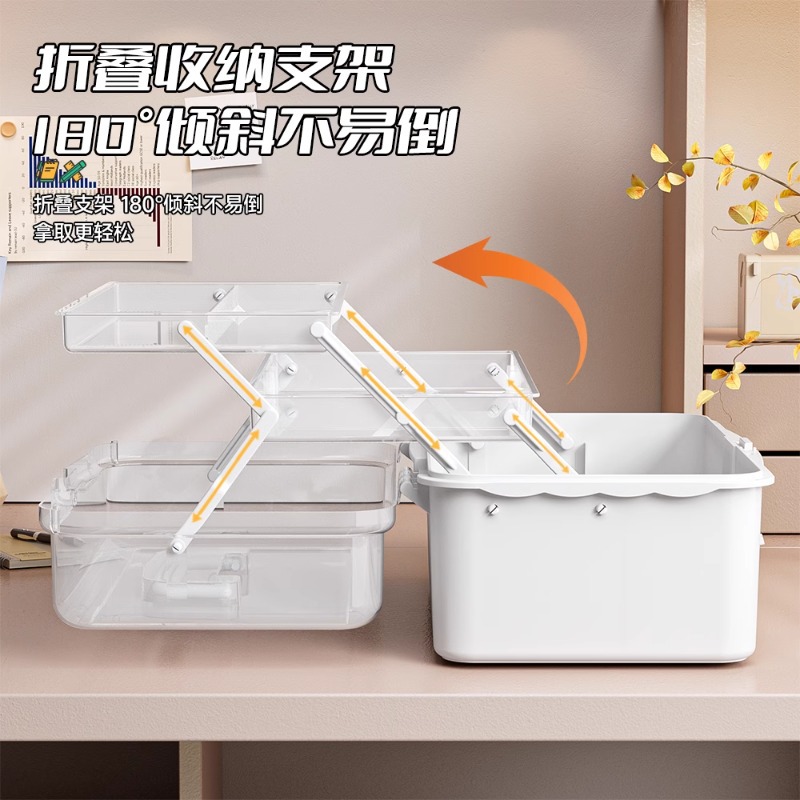 Stationery organization, art tools, transparent three-layer folding portable desktop, paintbrush, paint, calligraphy storage box, storage box Specification image