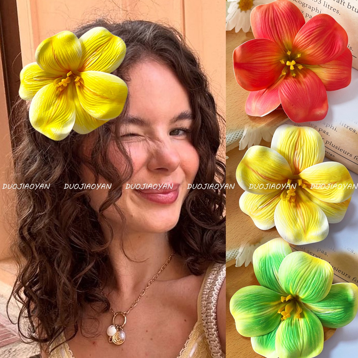 跨境新款郁金香花朵发夹大号颜色仿真花发饰夏威夷海滩度假风发卡