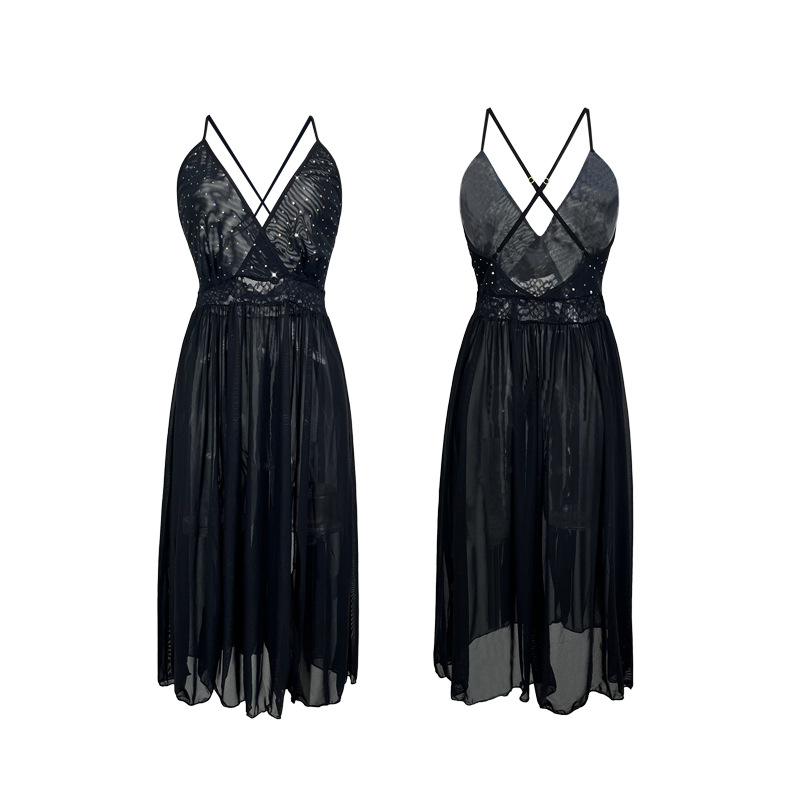 Feiyun Cross-border European and American see-through Cross beautiful back pajamas with hot diamond deep V lace mesh, sexy long sleeping dress 713 Item Picture