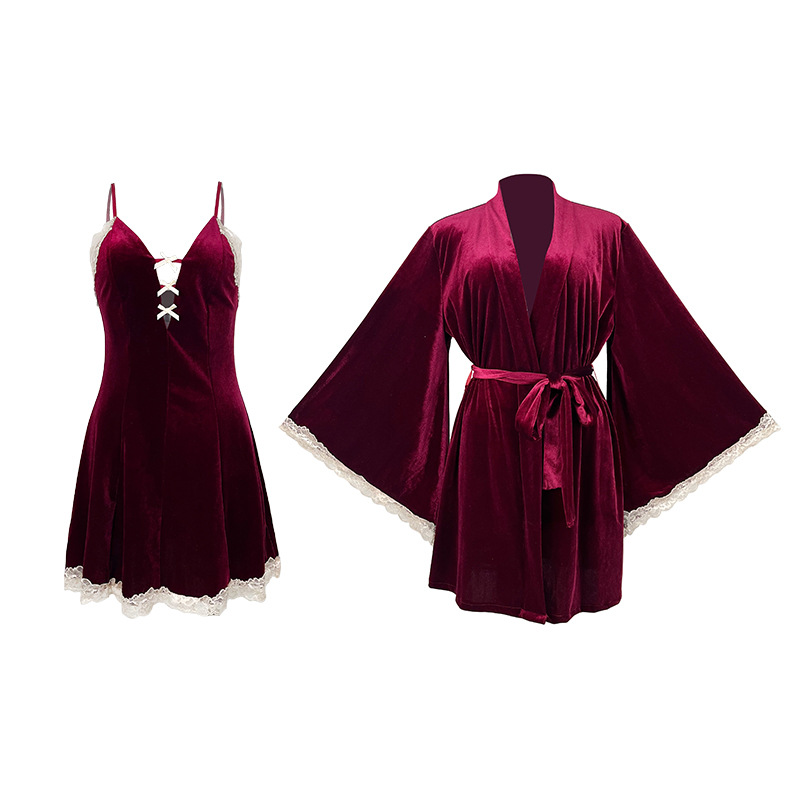Feiyun velvet lace patchwork retro sexy pajama set, halter dress and outer robe two-piece set, available in multiple colors, 777 Item Picture