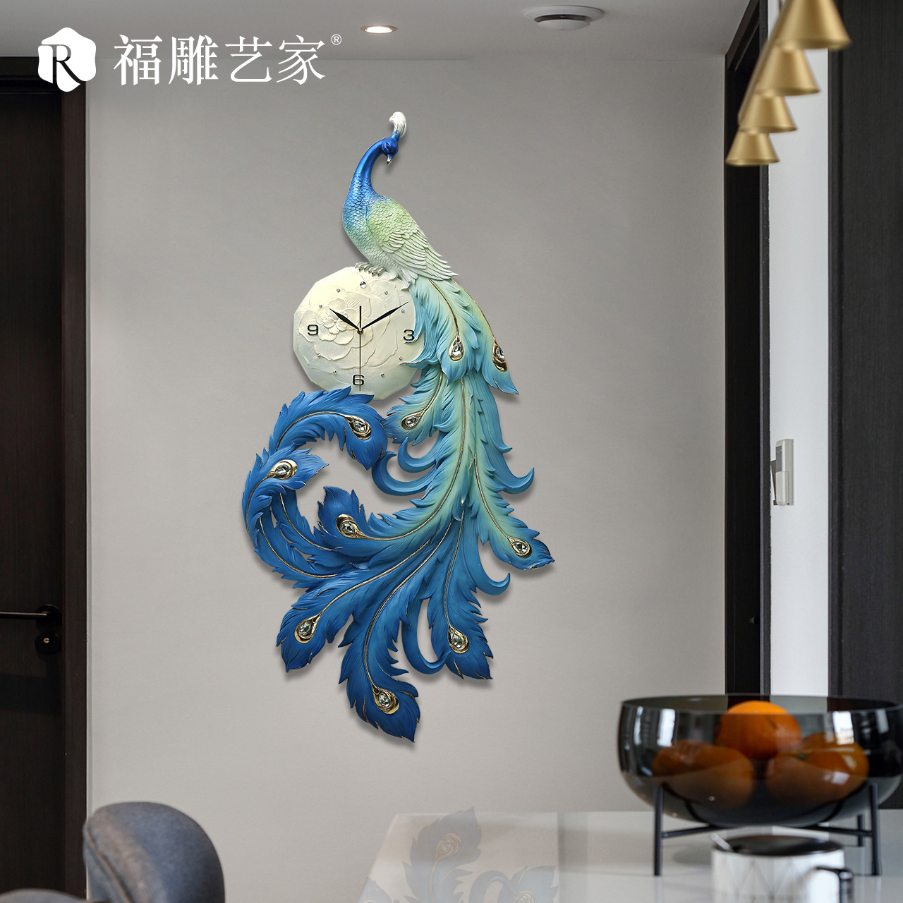 Amazon comercio electrónico transfronterizo relieve tridimensional nuevo pavo real chino hacer dinero sala de estar reloj de pared reloj decorativo reloj de arte details Picture