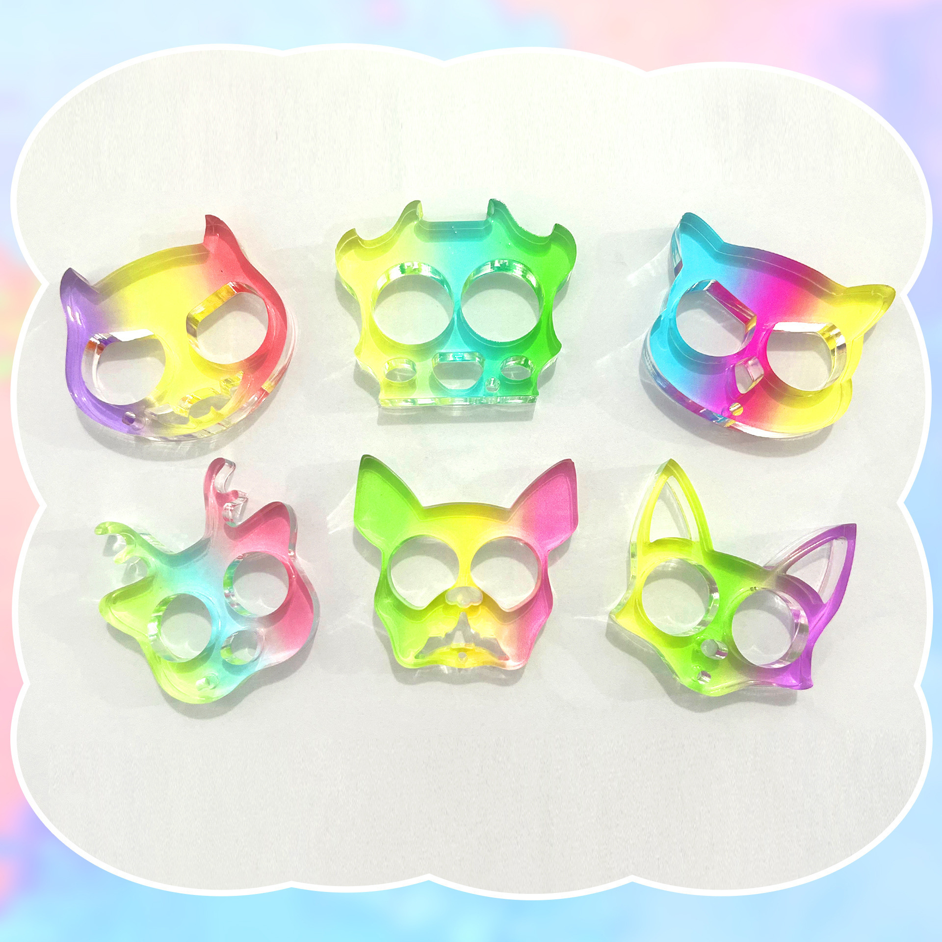 跨境新品双指彩虹指虎动物两指扣狐狸萌猫熊狗钥匙扣随身挂件批发细节图