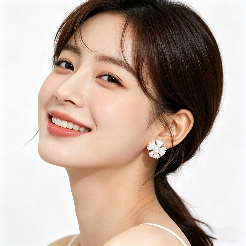 Light luxury and elegant French zircon pearl flower earrings 2026 new style, elegant silver needle stud earrings, high-end earrings for women Application Scenario