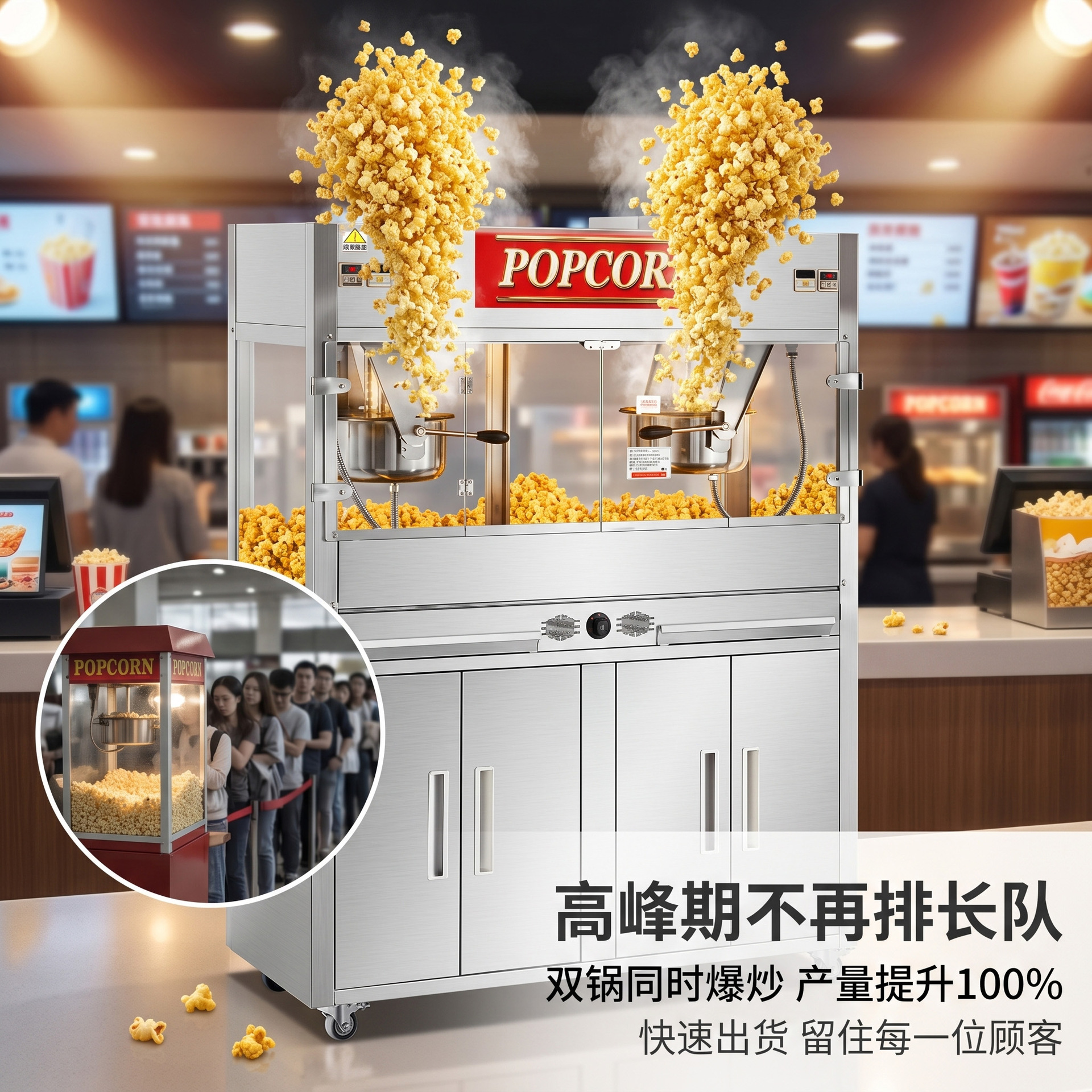 Silver commercial double-head popcorn machine, with precise temperature control and automatic heat preservation for rice flower candy and cotton candy details Picture