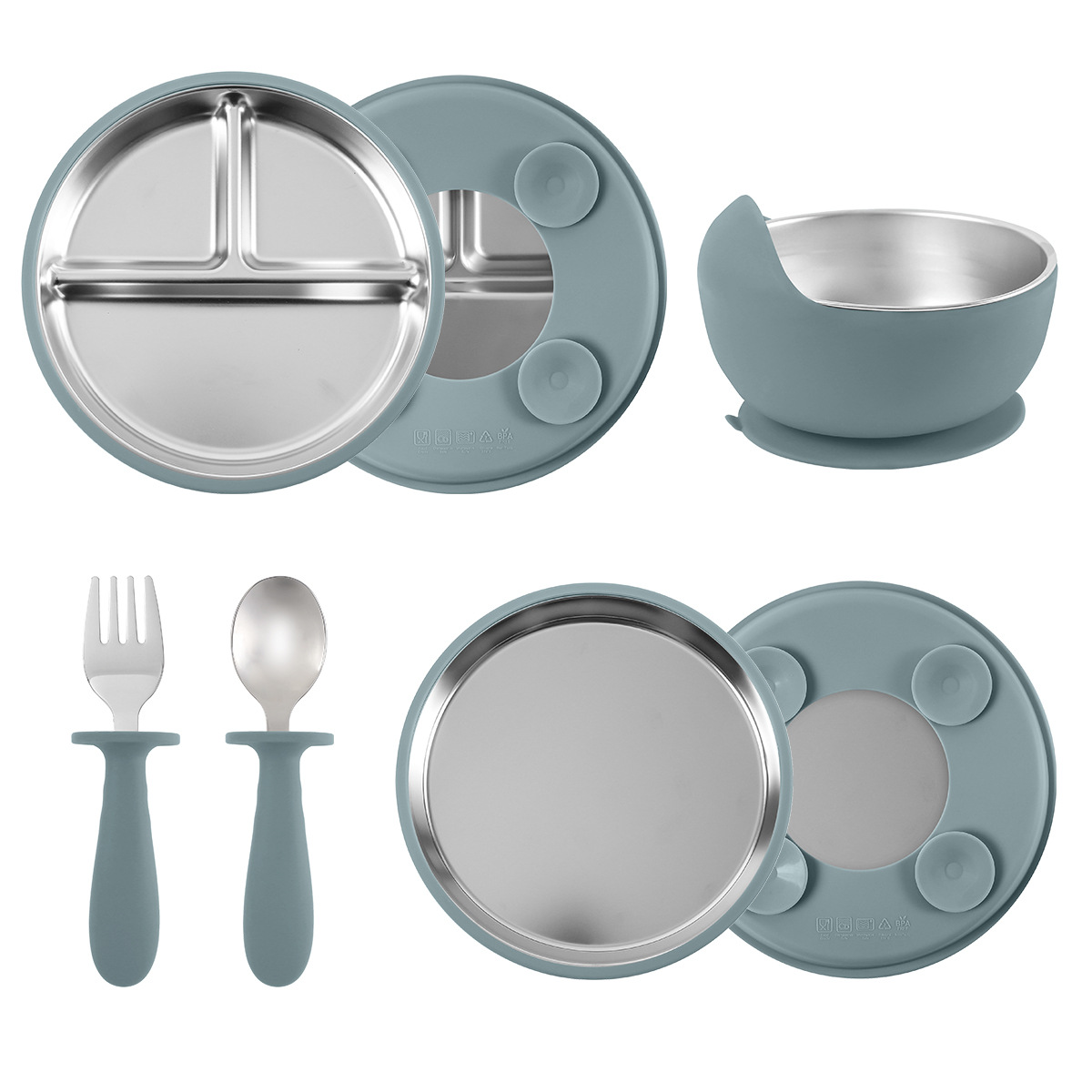 跨境分格餐盘儿童不锈钢食品级硅胶餐具防摔吸盘式碗叉勺套装批发