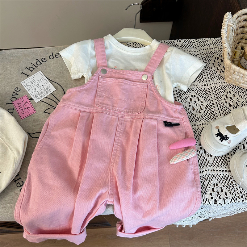 Korean children's clothing 2026 new summer girls' pink overalls, loose jumpsuits and cartoon T-shirts two-piece set, trendy details Picture
