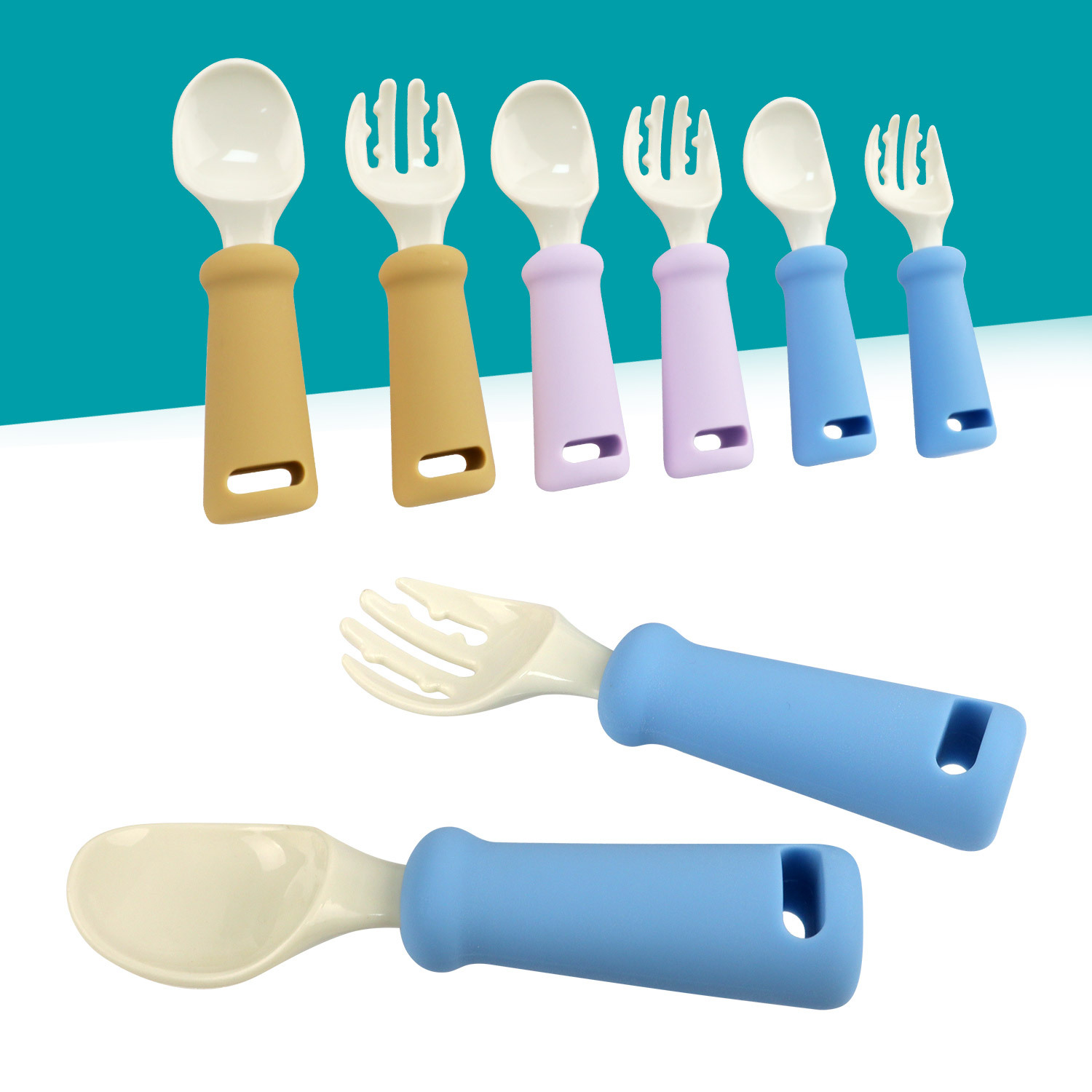 Children's silicone spoon, food-grade fork set for one-and-a-half-year-old kids to learn independently, Amazon cross-border complementary food tableware full figure