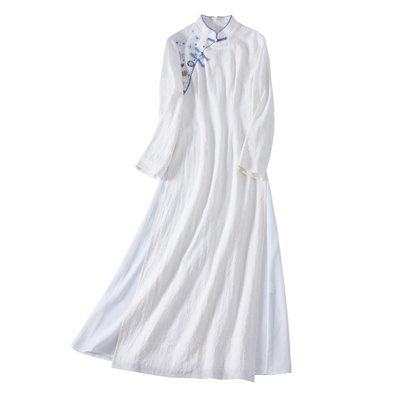Autumn and winter Chinese-style tea-wearing women's all-cotton jacquard embroidery modified ao dai cheongsam slimming dress Item Picture